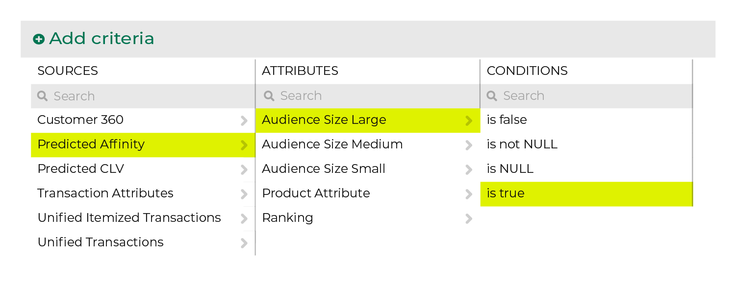 Choose the large audience size attribute from the Segment Editor.