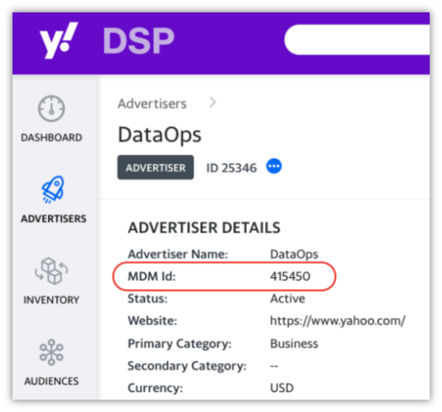 Location of Yahoo DSP site MDM ID