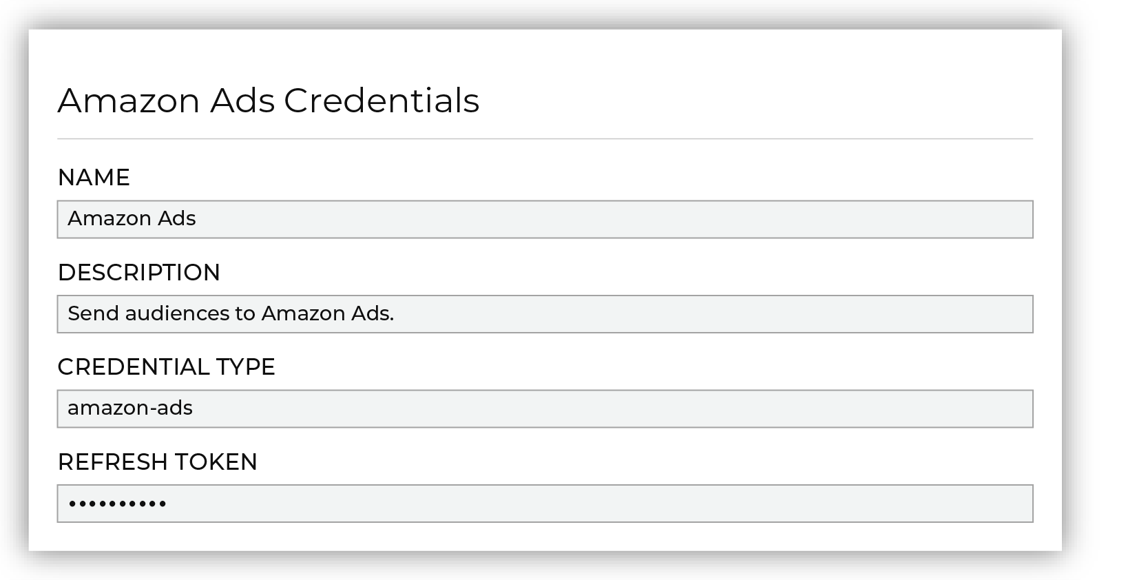 Set the following credentials for Amazon Ads.