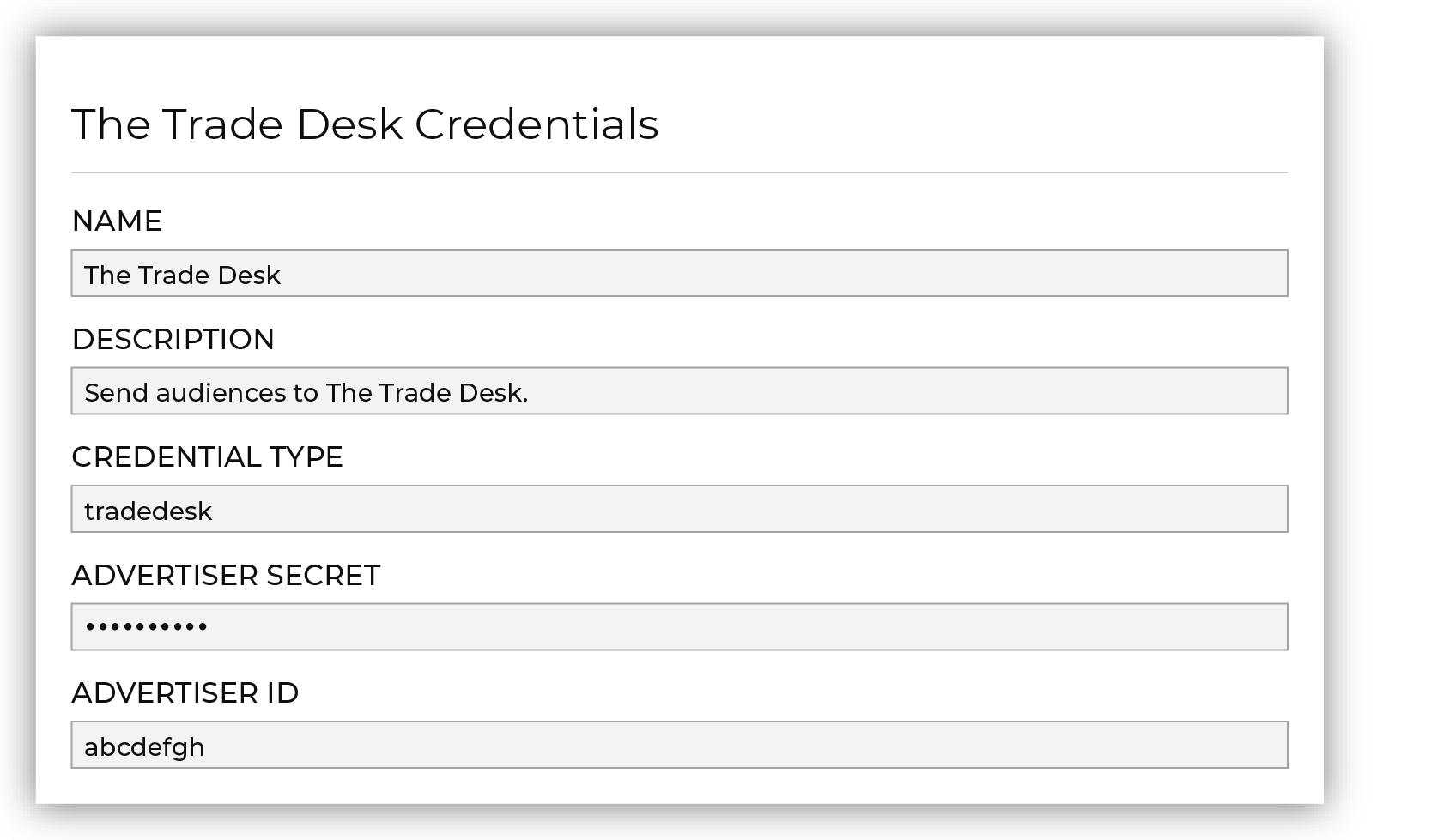 Set the following credentials for The Trade Desk.