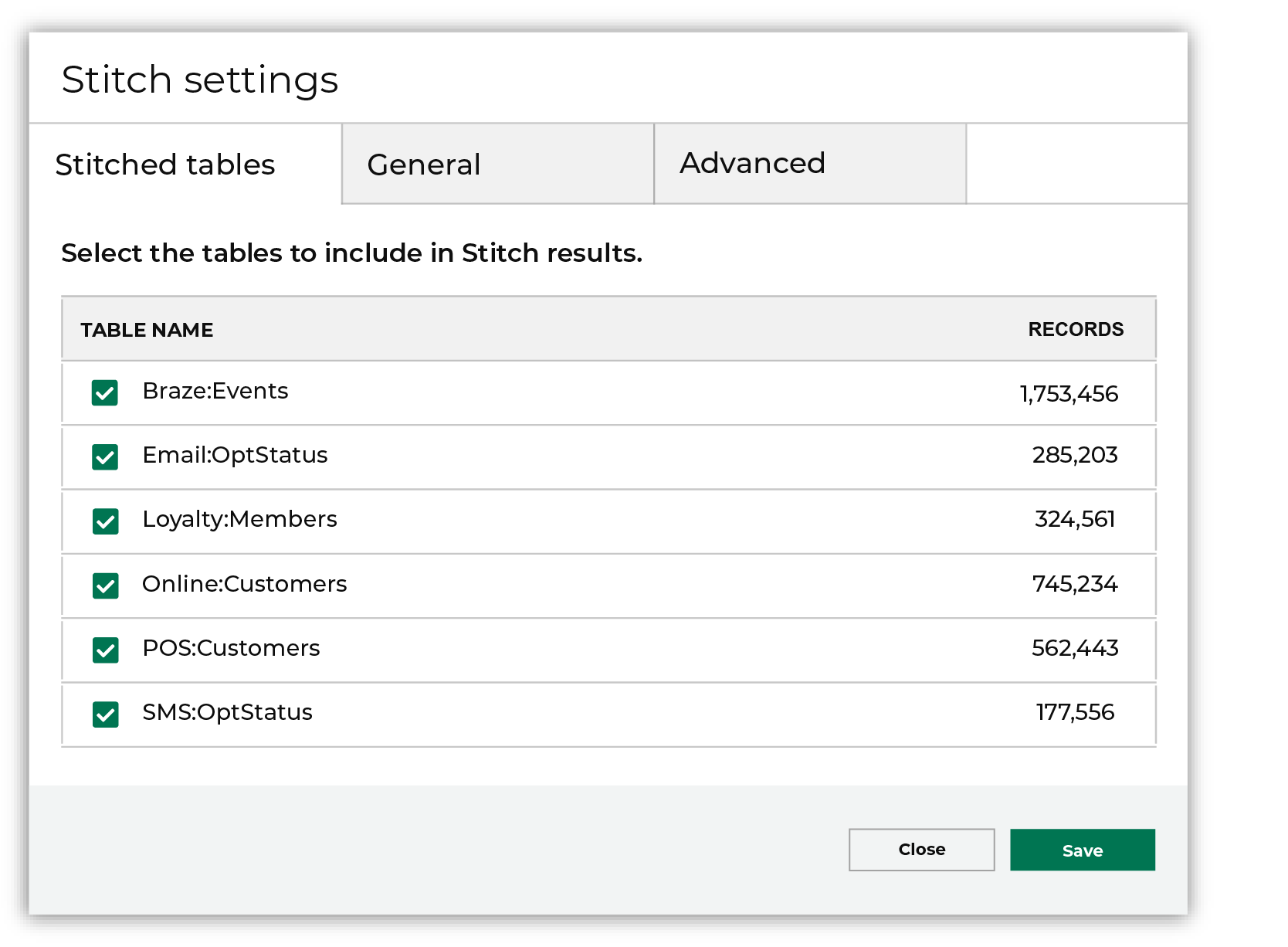 The Stitched tables tab in the Stitch settings dialog box.