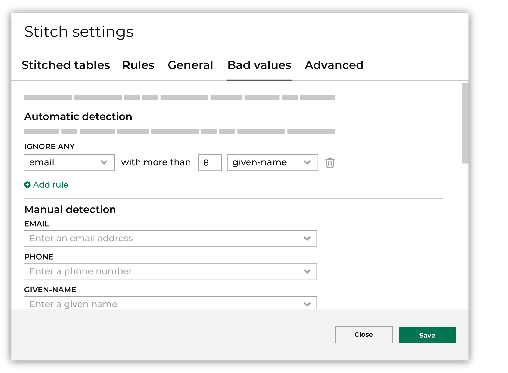 The Bad values tab in the Stitch settings dialog box.