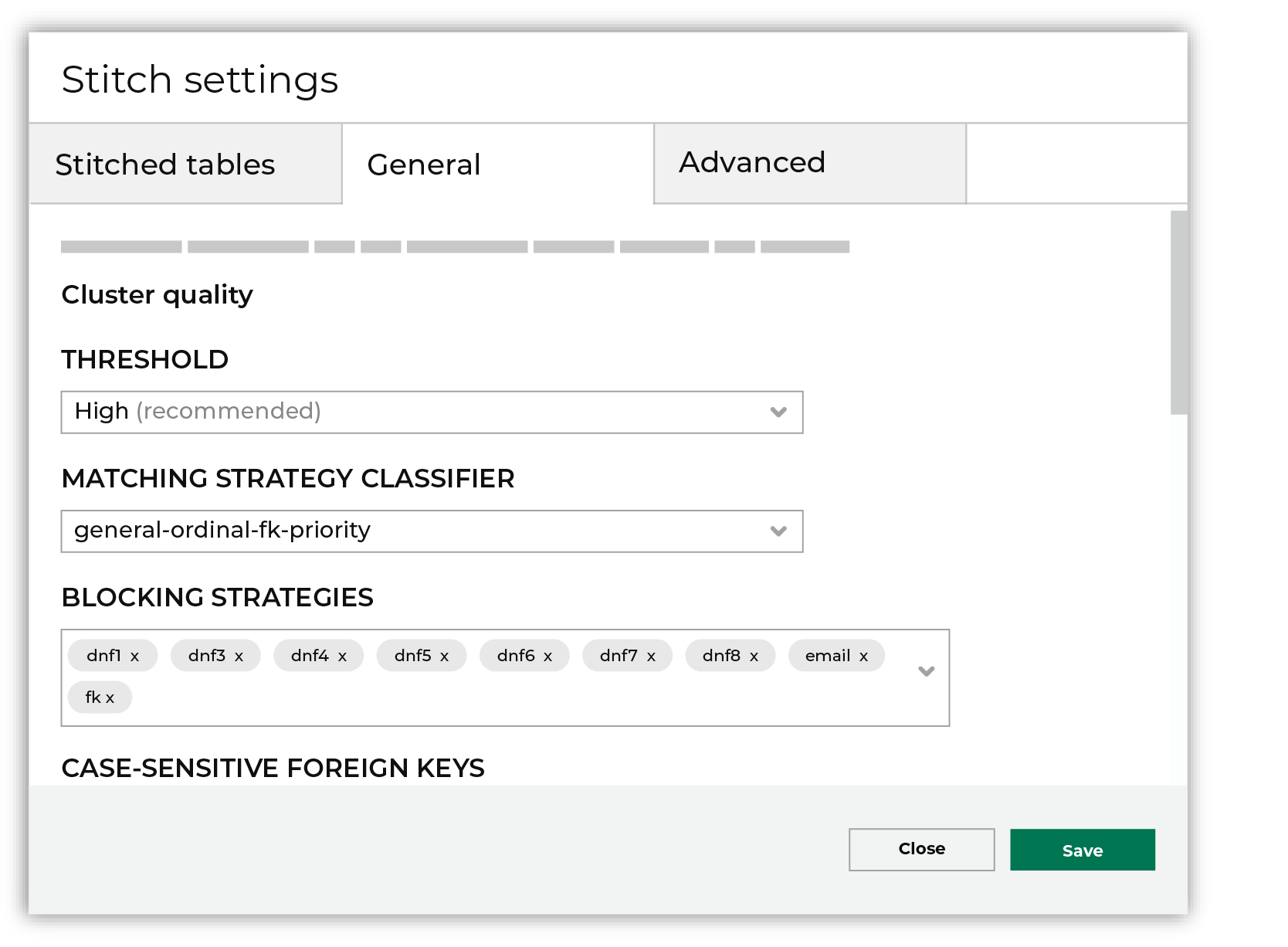 The General tab in the Stitch settings dialog box.