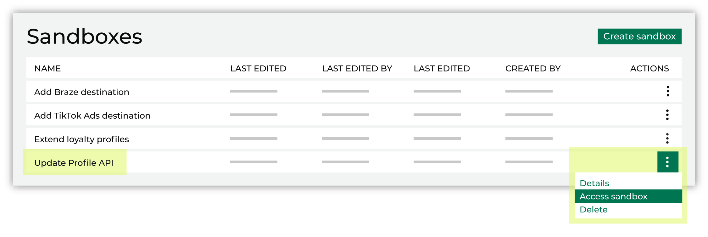 Access a sandbox from the Users and Activity page.
