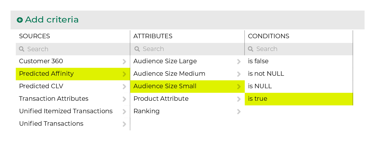 Choose the small audience size attribute from the Segment Editor.