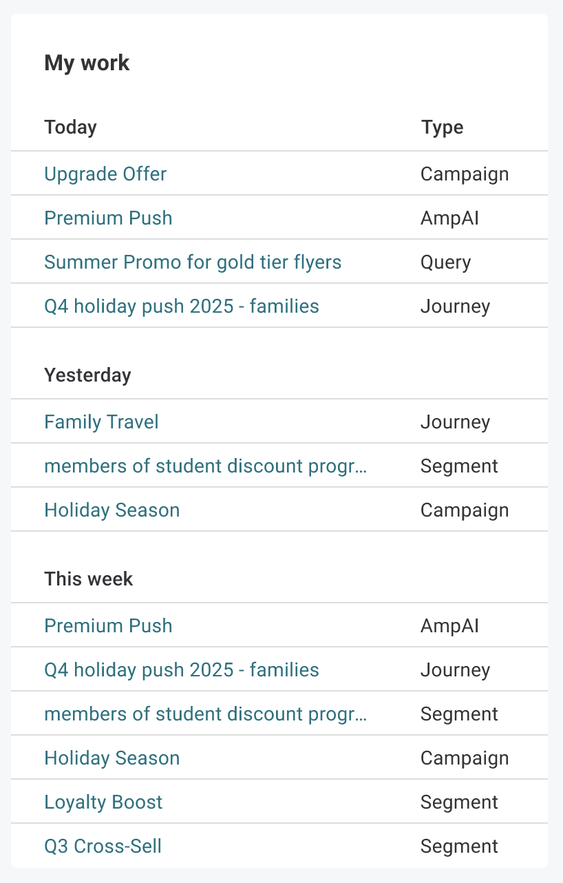 Home widget tracking recent actions taken