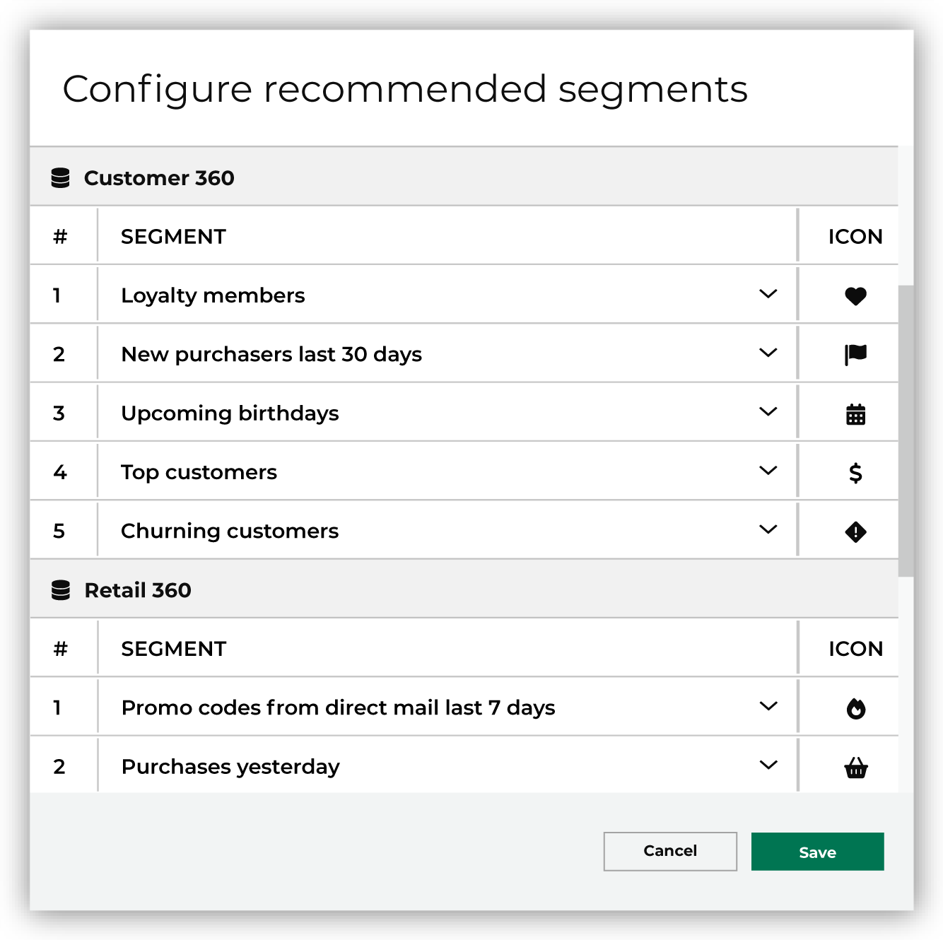 Select an icon to associate with each recommended segment.