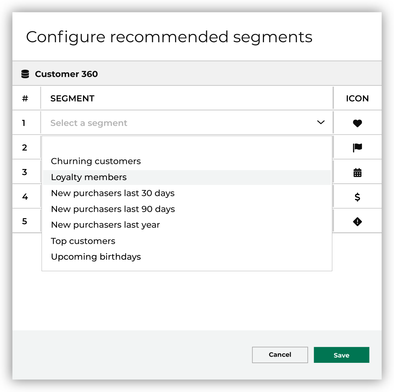Select a segment to be a recommended segment.