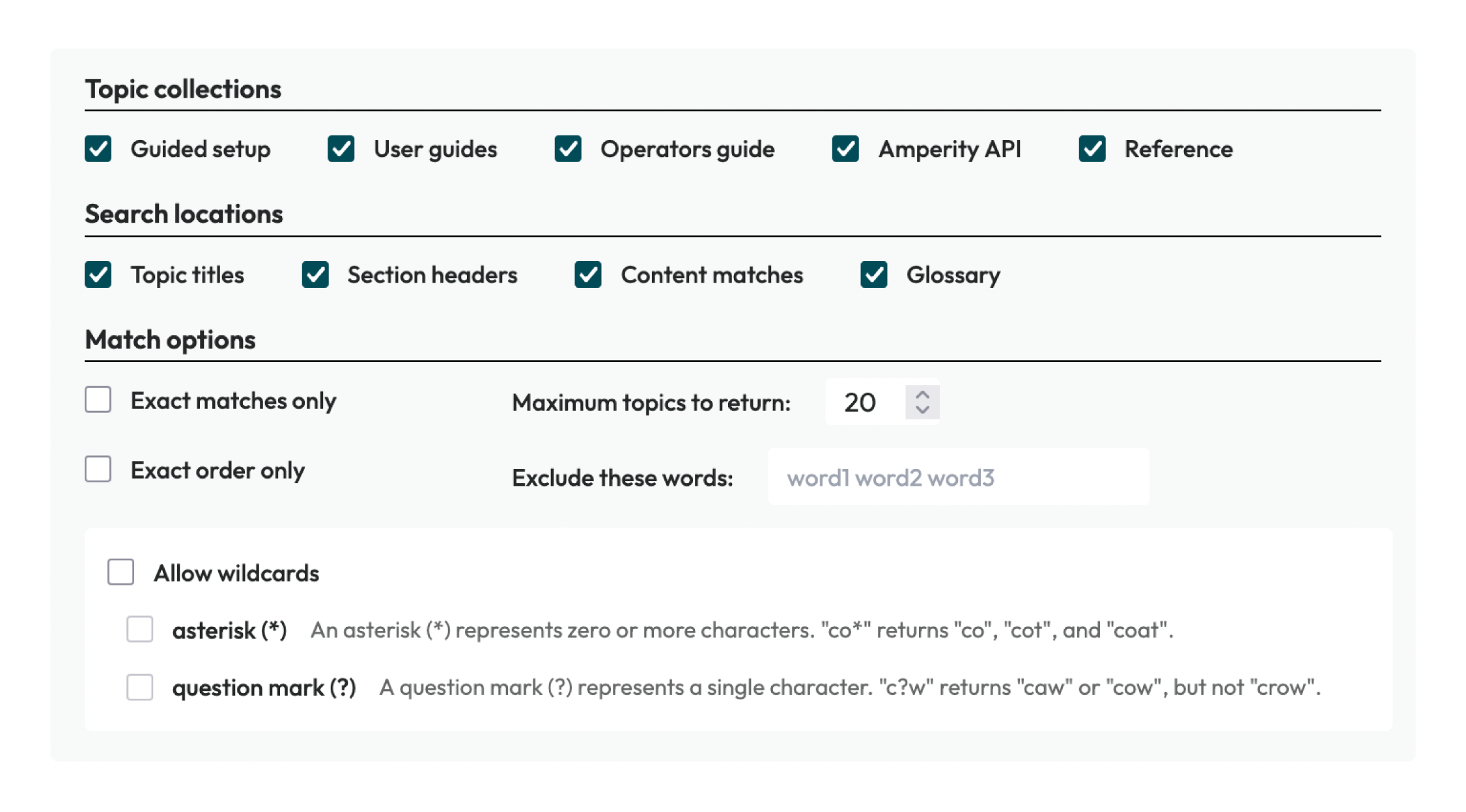 Advanced search filter options.