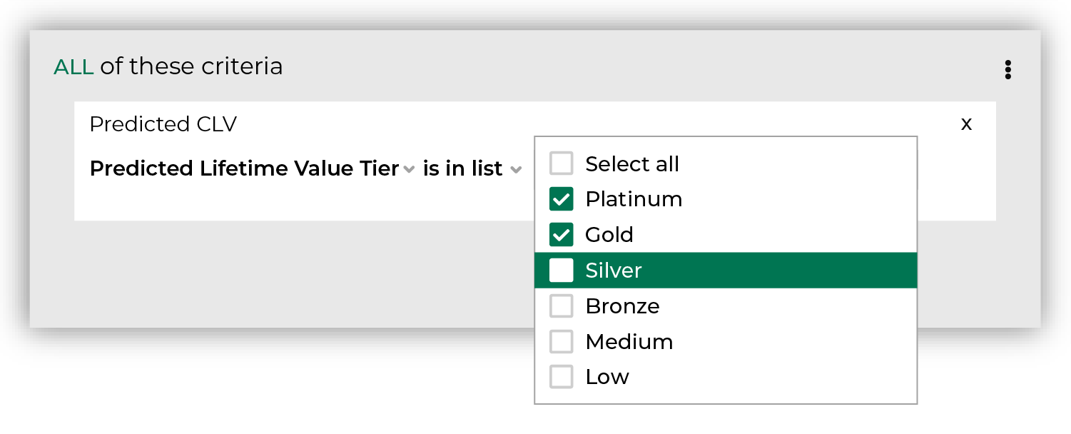 Find customers with a predicted platinum, gold, or silver value.