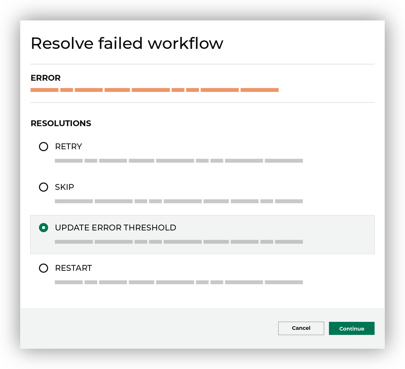 An example of the workflow actions for a specific workflow error.