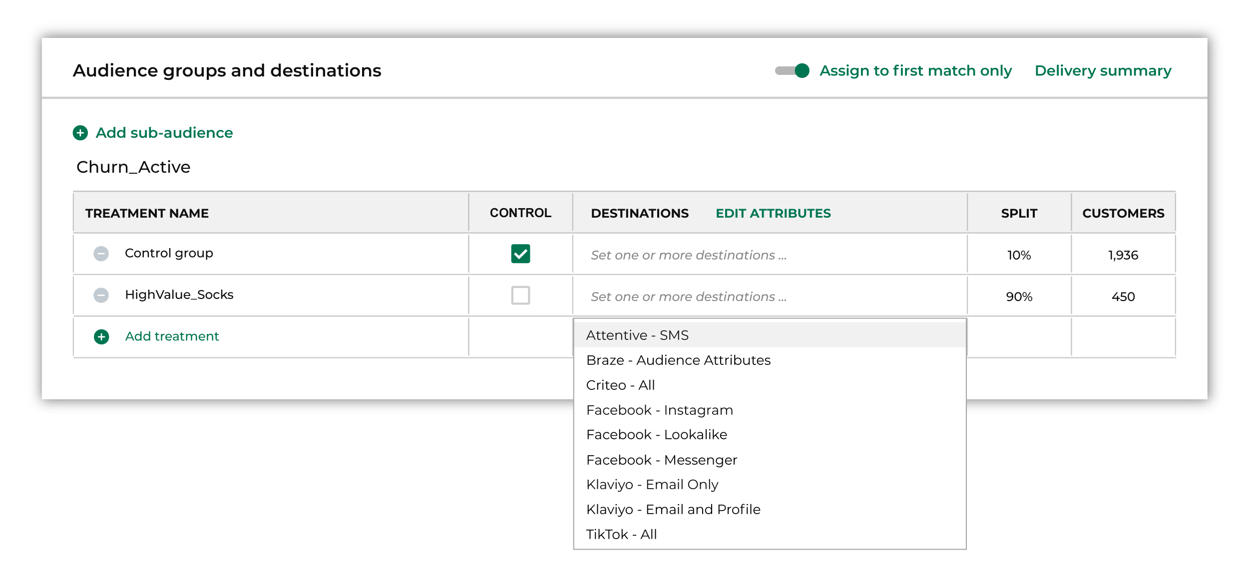 Select one or more destinations for each treatment group.